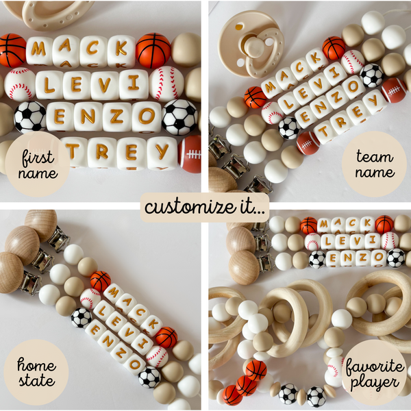 Personalized Pacifier Clip • Add Name + Baseball, Football, Soccer or Basketball