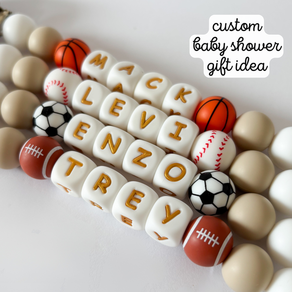 Personalized Pacifier Clip • Add Name + Baseball, Football, Soccer or Basketball