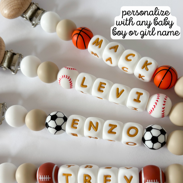 Personalized Pacifier Clip • Add Name + Baseball, Football, Soccer or Basketball