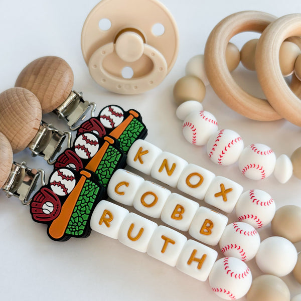 Baseball Bat + Glove Personalized Silicone Pacifier Clip