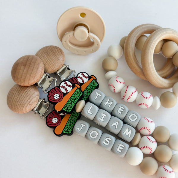 Baseball Bat + Glove Personalized Silicone Pacifier Clip