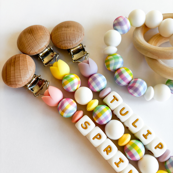 Easter Egg Personalized Pacifier Clips • Colorful Spring Tulip Flowers + Easter Bunny Styles • New Mom Gift