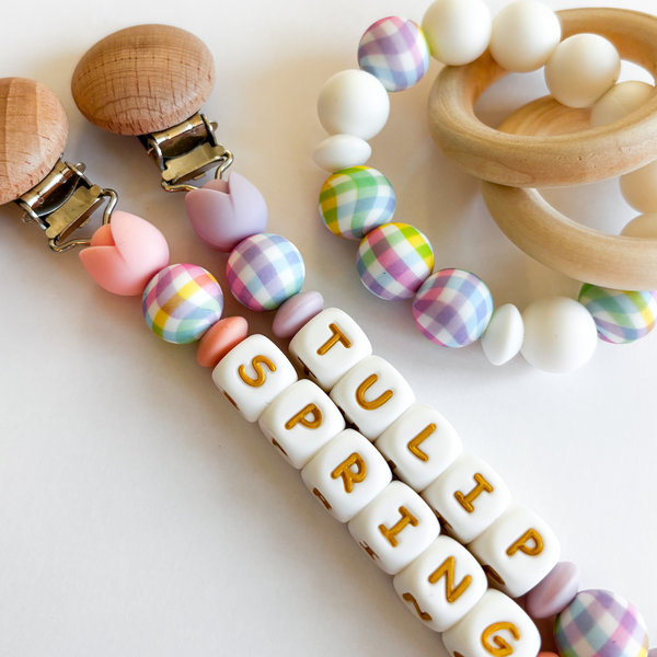 Easter Egg Personalized Pacifier Clips • Colorful Spring Tulip Flowers + Easter Bunny Styles • New Mom Gift