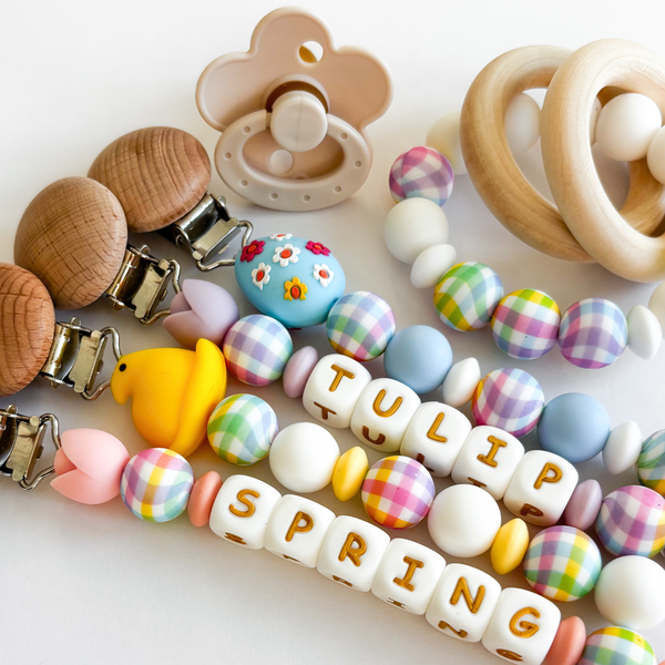 Easter Egg Personalized Pacifier Clips • Colorful Spring Tulip Flowers + Easter Bunny Styles • New Mom Gift