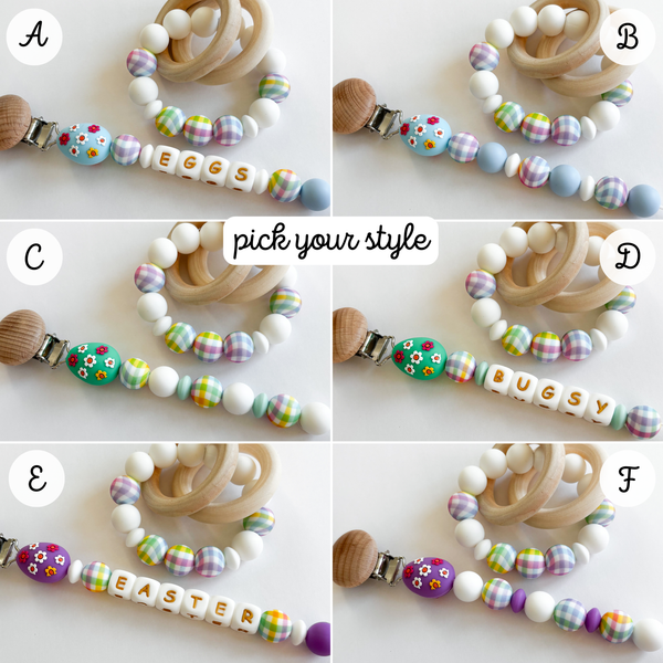 Easter Egg Personalized Pacifier Clips • Colorful Spring Tulip Flowers + Easter Bunny Styles • New Mom Gift