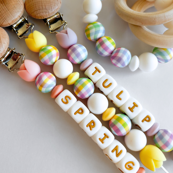 Tulip Flower Personalized Pacifier Clip • Colorful Easter Eggs + Easter Bunny Styles