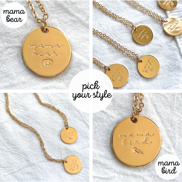 Mom Necklace Engraved with Mama Bear + Mama Bird ♡