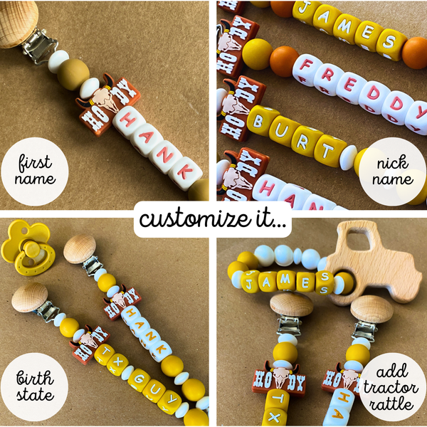 Howdy Personalized Pacifier Clip + Tractor Rattle