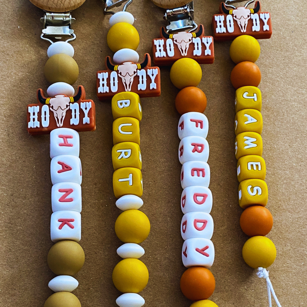 Howdy Personalized Pacifier Clip + Tractor Rattle