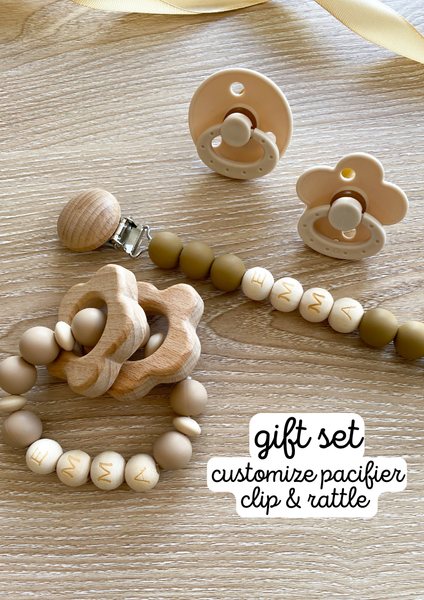 Personalized Neutral Colored Pacifier Clip + Rattle