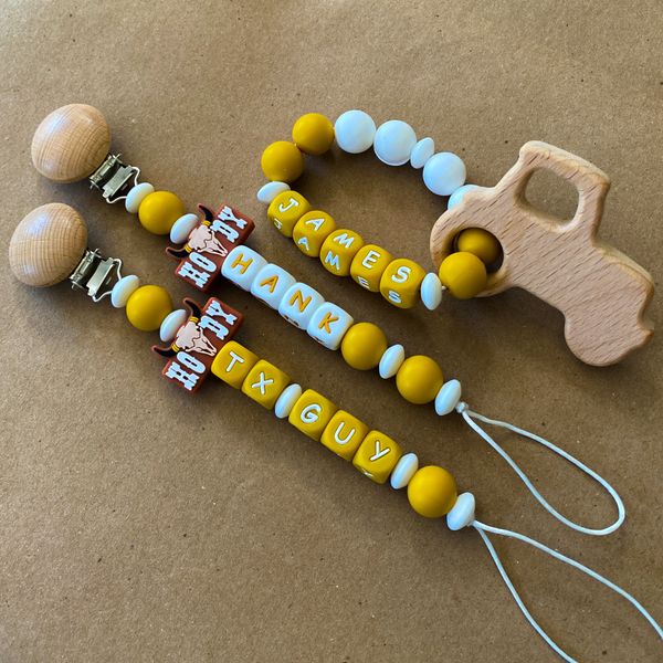 Howdy Personalized Pacifier Clip + Tractor Rattle