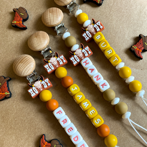 Howdy Personalized Pacifier Clip + Tractor Rattle