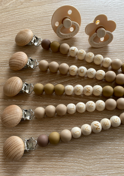 Personalized Neutral Colored Pacifier Clip + Rattle