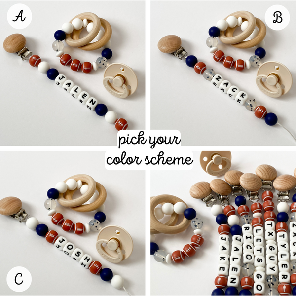 Custom Football Pacifier Clips + Rattle