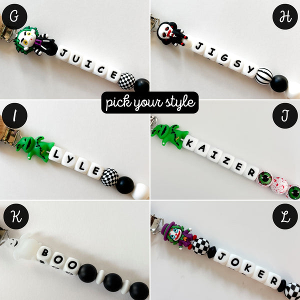 Spooky Halloween Personalized Pacifier Clip • Horror Movie Lover Mom Gift