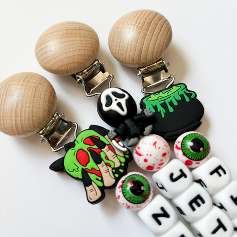 Spooky Halloween Personalized Pacifier Clip • Horror Movie Lover Mom Gift