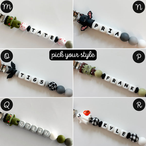 Spooky Halloween Personalized Pacifier Clip • Horror Movie Lover Mom Gift