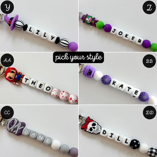 Spooky Halloween Personalized Pacifier Clip • Horror Movie Lover Mom Gift