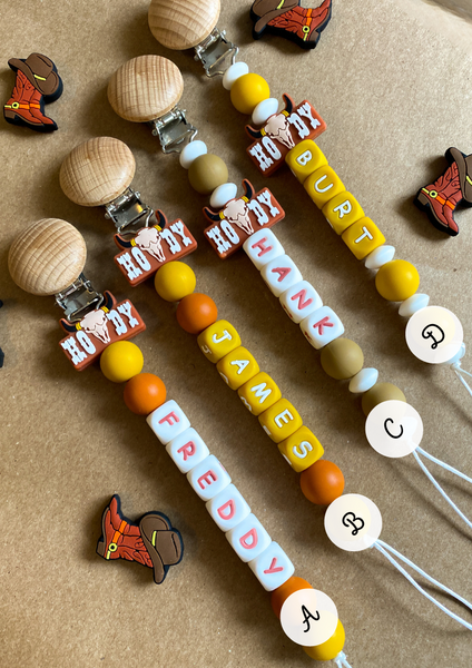 Howdy Personalized Pacifier Clip + Tractor Rattle