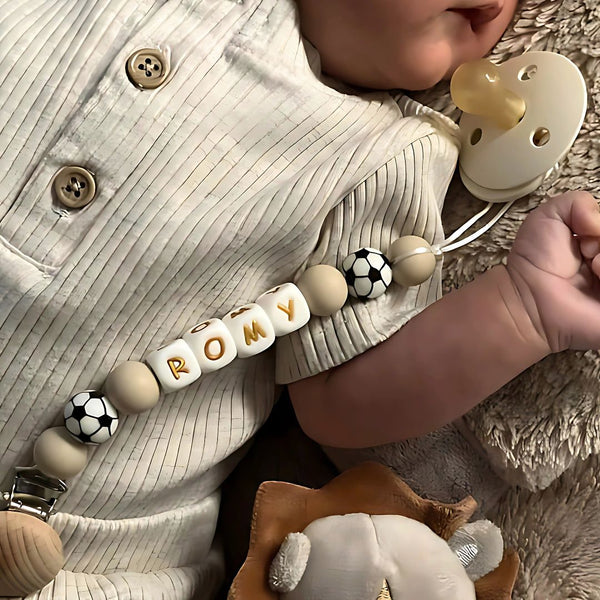 Soccer Personalized Newborn Pacifier Clip - Gift for Soccer Mom + Dad