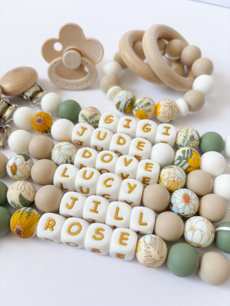 Boho Sage Green Floral Personalized Daisy Pacifier Clip