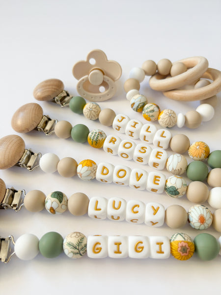 Boho Sage Green Floral Personalized Daisy Pacifier Clip
