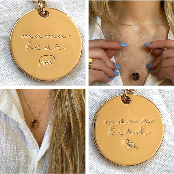 Mom Necklace Engraved with Mama Bear + Mama Bird ♡