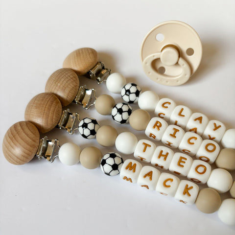 Soccer Personalized Newborn Pacifier Clip - Gift for Soccer Mom + Dad