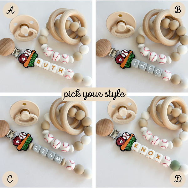 Baseball Bat + Glove Personalized Silicone Pacifier Clip