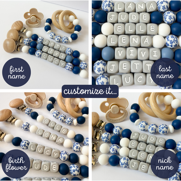 Floral Blue Personalized Daisy Pacifier Clip