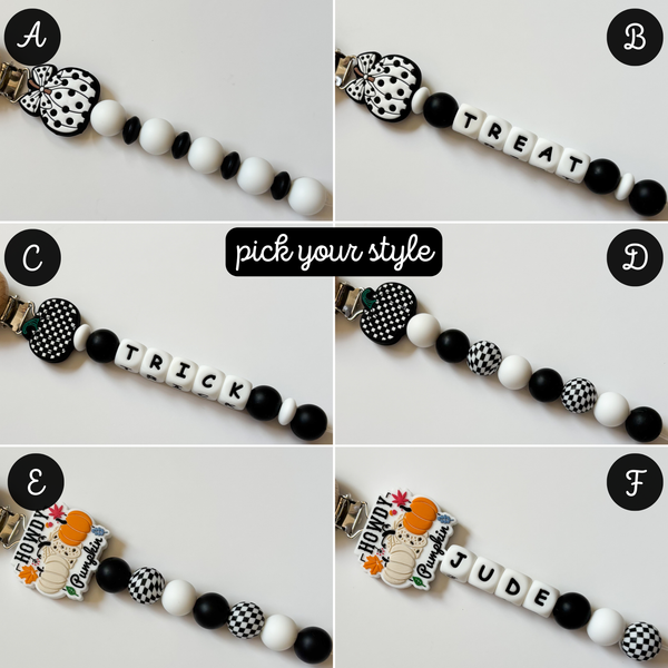 Black + White Halloween Personalized Pacifier Clip