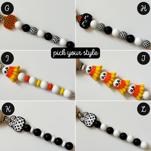 Black + White Halloween Personalized Pacifier Clip
