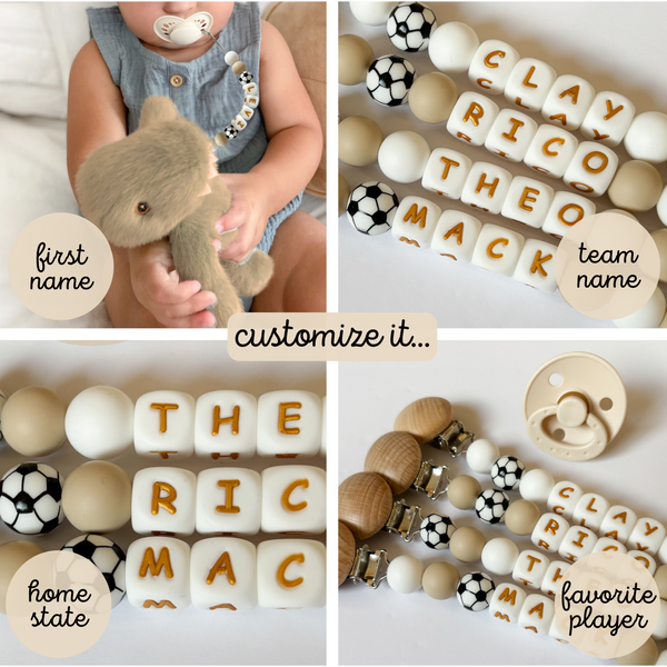 Soccer Personalized Newborn Pacifier Clip - Gift for Soccer Mom + Dad