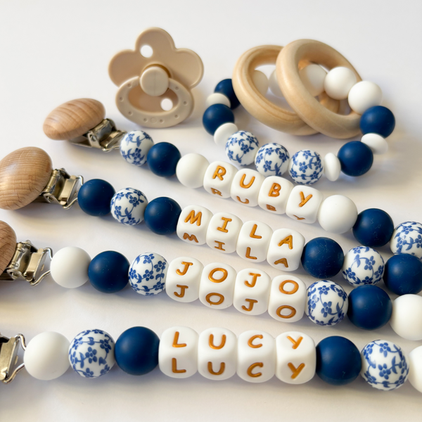 Blue Floral Personalized Daisy Pacifier Clip