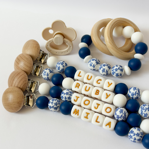 Blue Floral Personalized Daisy Pacifier Clip