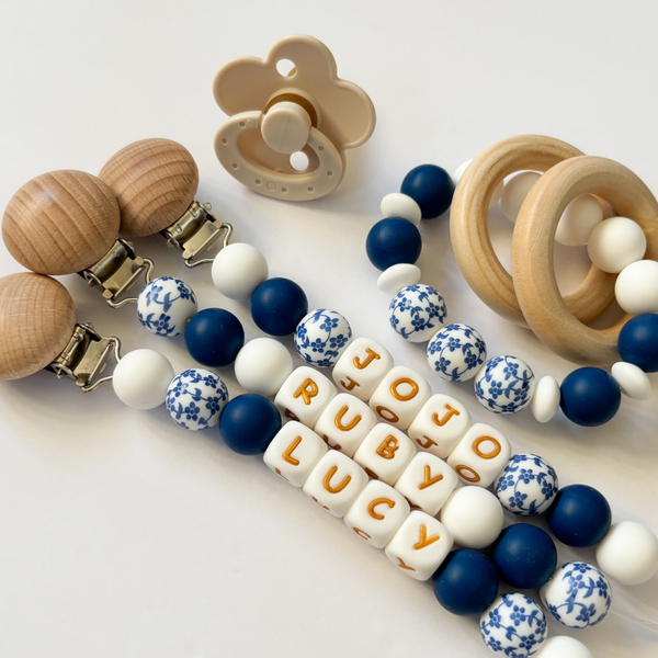 Blue Floral Personalized Daisy Pacifier Clip