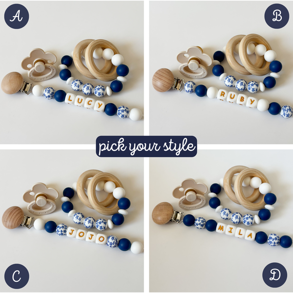 Blue Floral Personalized Daisy Pacifier Clip