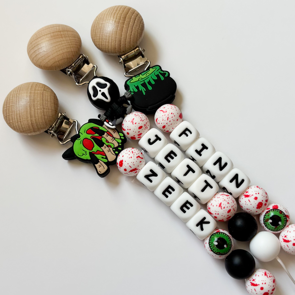 Spooky Halloween Personalized Pacifier Clip • Horror Movie Lover Mom Gift
