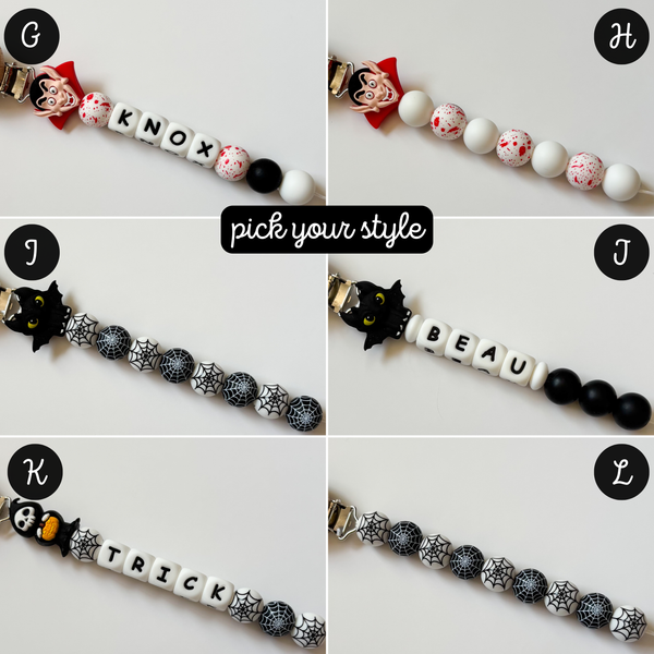 Spooky Halloween Personalized Pacifier Clip • Horror Movie Lover Mom Gift