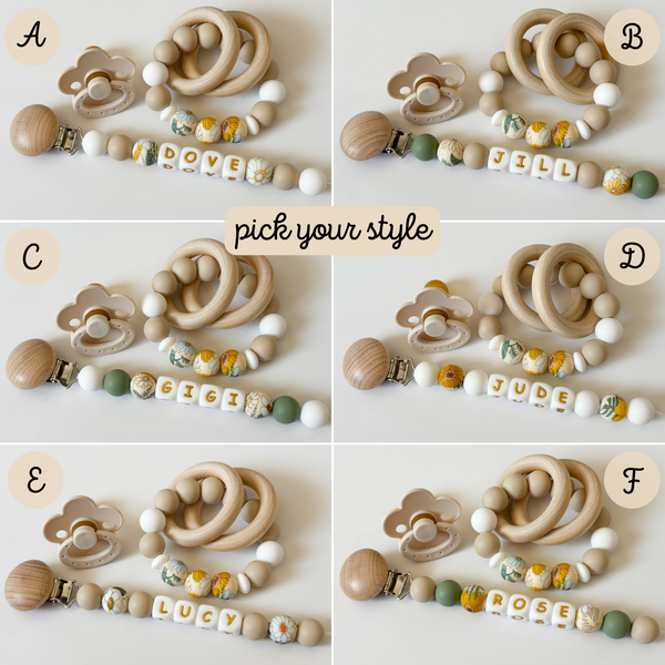 Boho Sage Green Floral Personalized Daisy Pacifier Clip