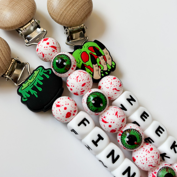 Spooky Halloween Personalized Pacifier Clip • Horror Movie Lover Mom Gift