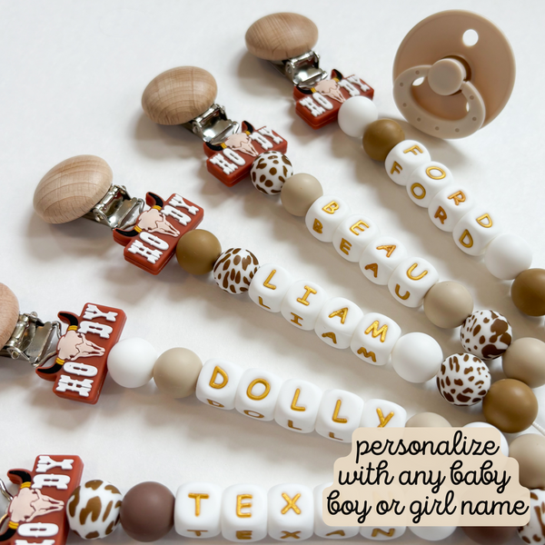Howdy Cow Print Personalized Pacifier Clip