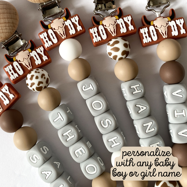 Howdy Cow Print Personalized Pacifier Clip