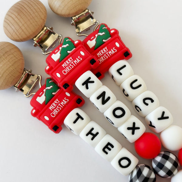 'Merry Christmas' Red Pickup Truck Pacifier Clips 🎄