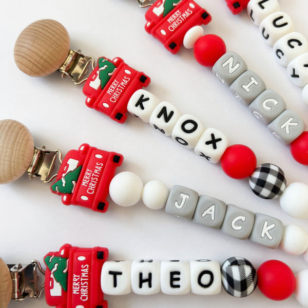 'Merry Christmas' Red Pickup Truck Pacifier Clips 🎄