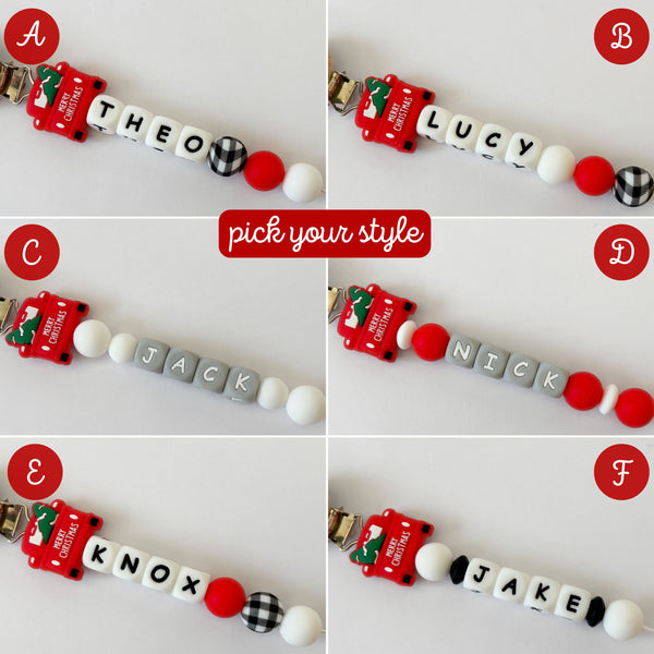 'Merry Christmas' Red Pickup Truck Pacifier Clips 🎄