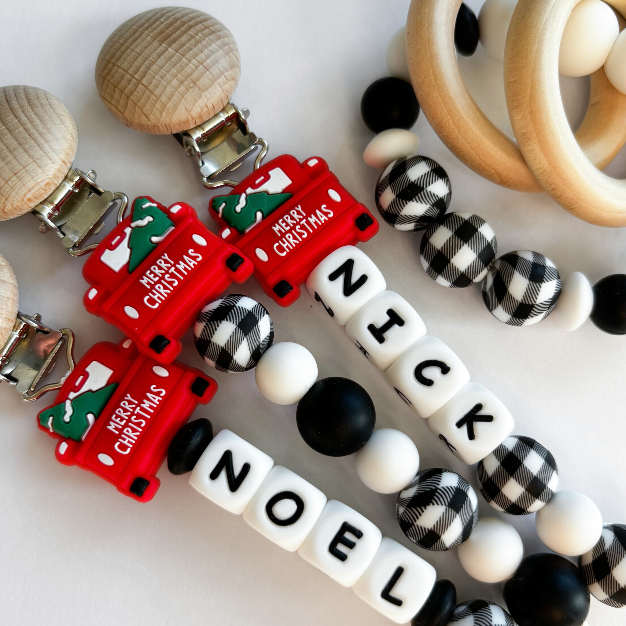 'Merry Christmas' Red Pickup Truck Pacifier Clips 🎄
