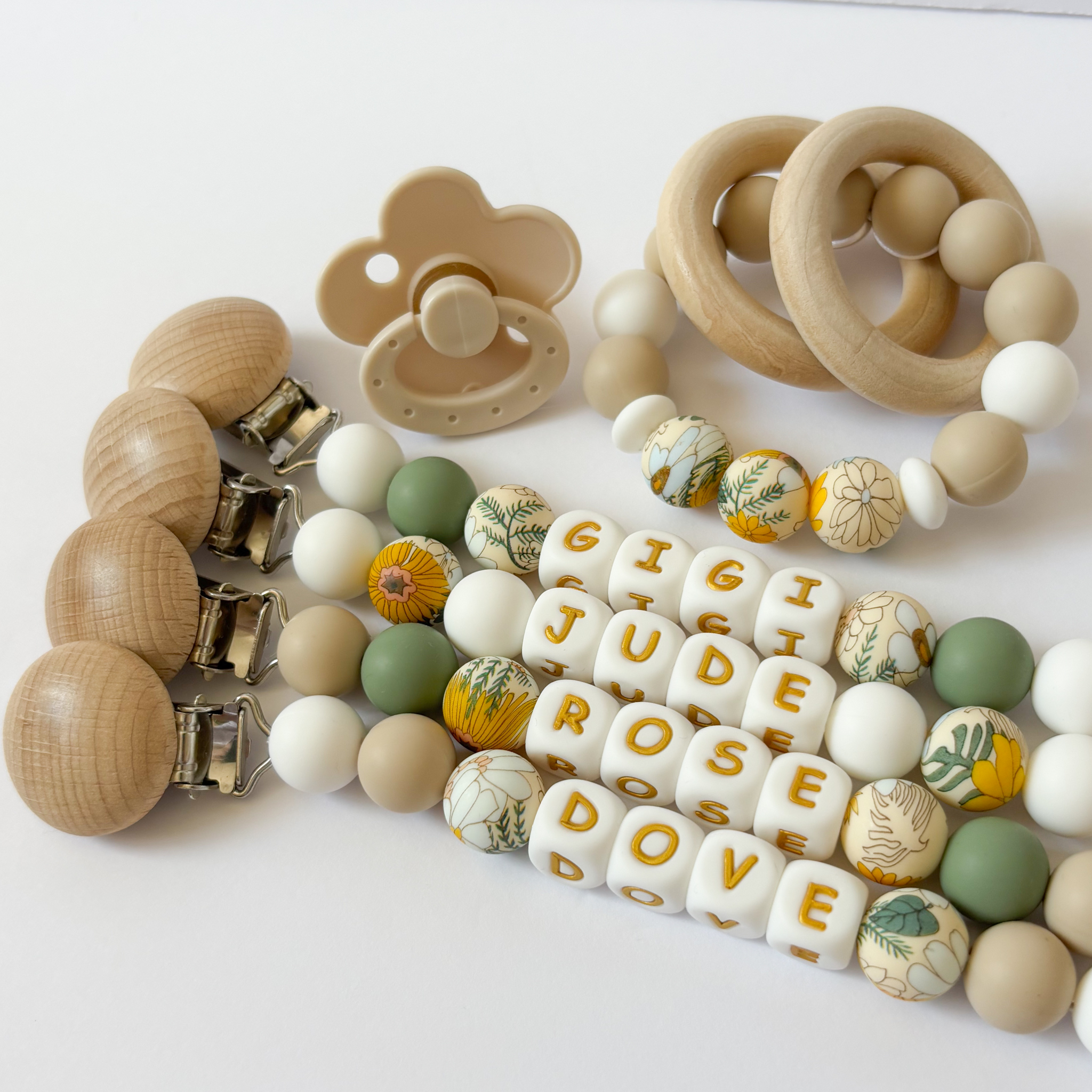 Boho Sage Green Floral Personalized Daisy Pacifier Clip