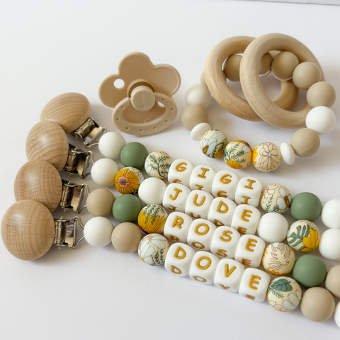 Boho Sage Green Floral Personalized Daisy Pacifier Clip